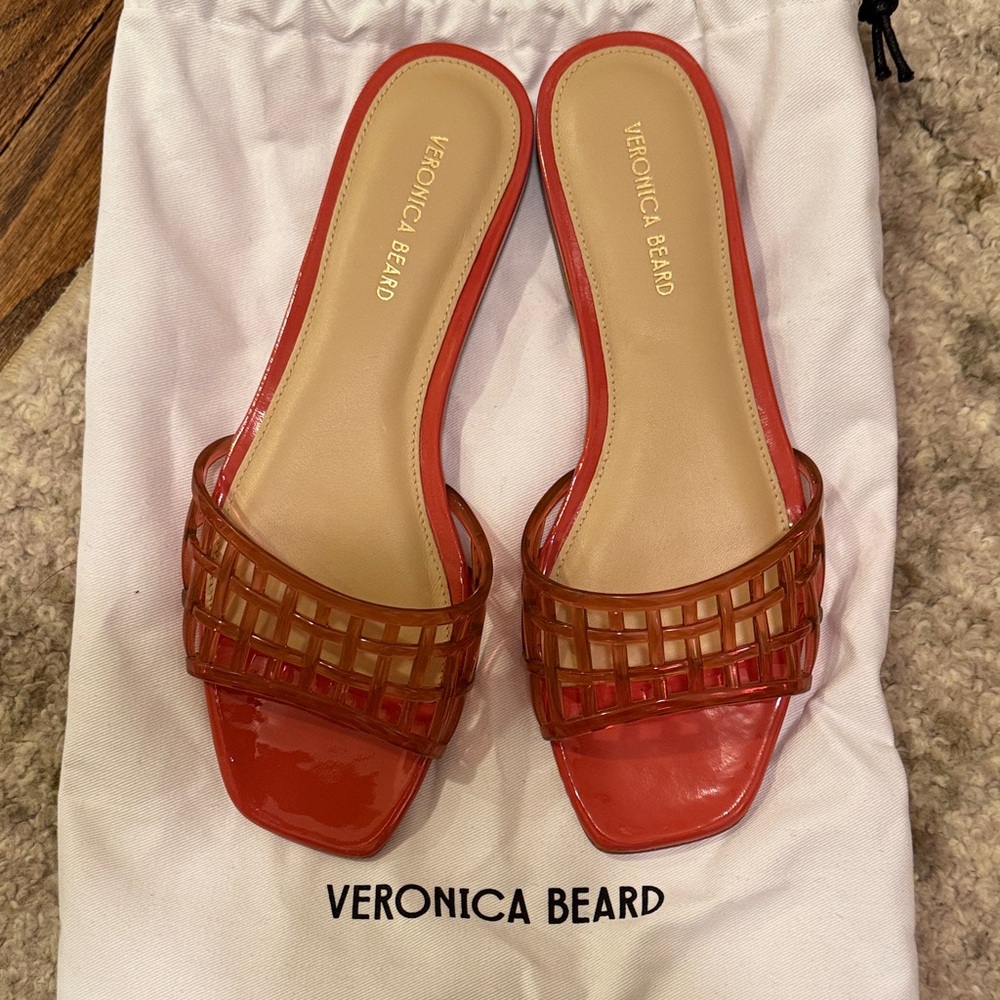 Veronica Beard Red-Orange Woven Slide Mules